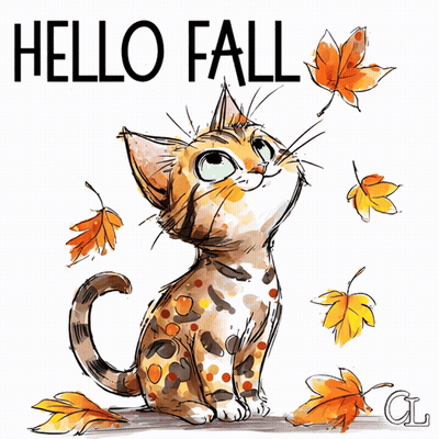 Cat Surrounded By Leaves Saying Hello Fall GIF