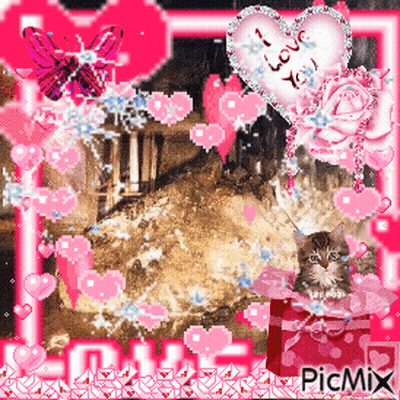 Cat Surrounded by Pink Hearts Saying I Love You
