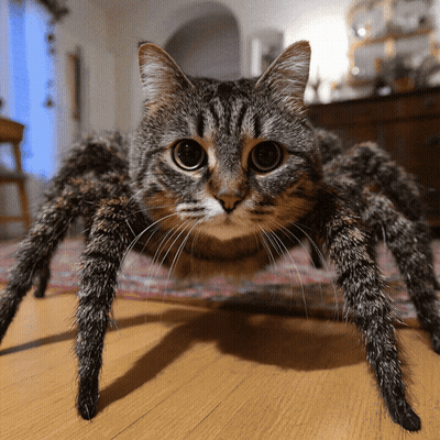 Cat That Looks Like Spider Standing On Wooden Floor GIF