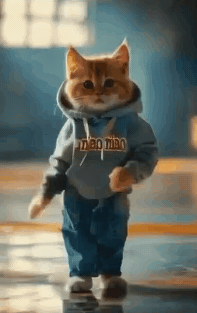 Cat Wearing Hoodie and Jeans Walking Down Hallway