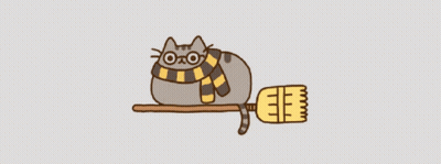 Cat Wearing Scarf And Glasses Laying On Broom GIF