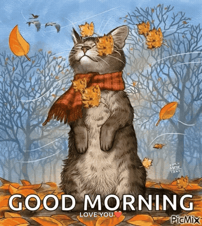 Cat Wearing Scarf Surrounded By Leaves GIF