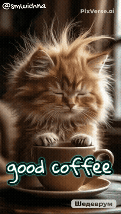 Cat With Cup Of Coffee Saying Good Coffee GIF