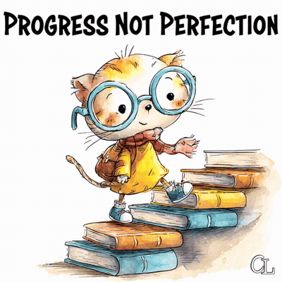 Cat With Glasses And Backpack On Books Saying Progress Not Perfection GIF