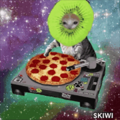 Cat With Kiwi On Head Holding Pizza GIF