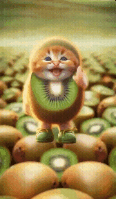 Cat With Kiwi Slice On Head In Kiwi Pile GIF