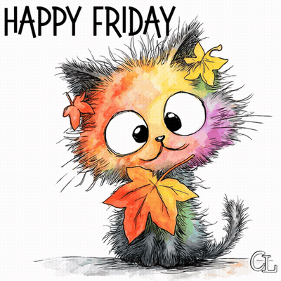 Cat With Leaves On Head Happy Friday GIF