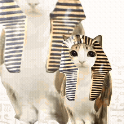 Cat With Pharaoh Hat Next To Two Cats GIF