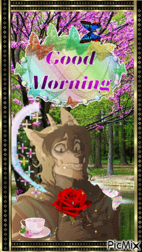 Cat With Rose Saying Good Morning GIF