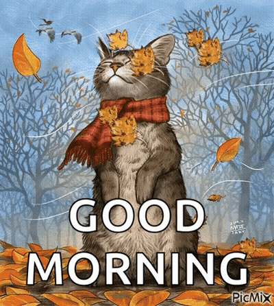Cat With Scarf Surrounded By Leaves Good Morning GIF