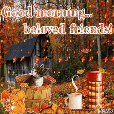 Cat With Scarf Surrounded By Leaves Saying Fall Is Coming GIF