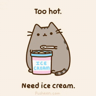 Cat with Spoon and Ice Cream Bucket Too Hot Need Ice Cream