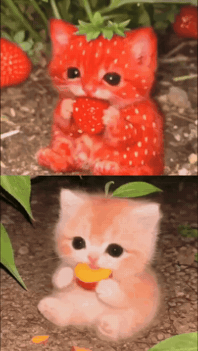 Cat With Strawberry On Head Eating Fruit GIF