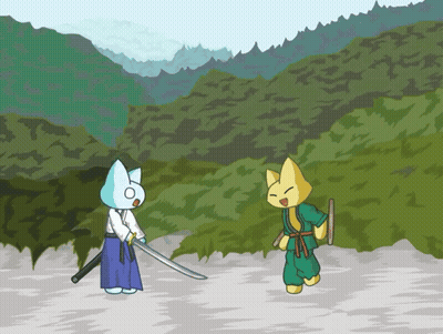 Cat With Sword And Yellow Cat With Stick GIF