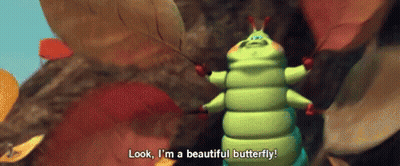 Caterpillar Next To Flower Says Look I'm A Beautiful Butterfly GIF