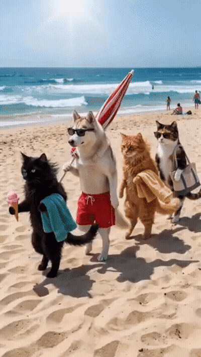 Cats And Husky Walking On Beach GIF