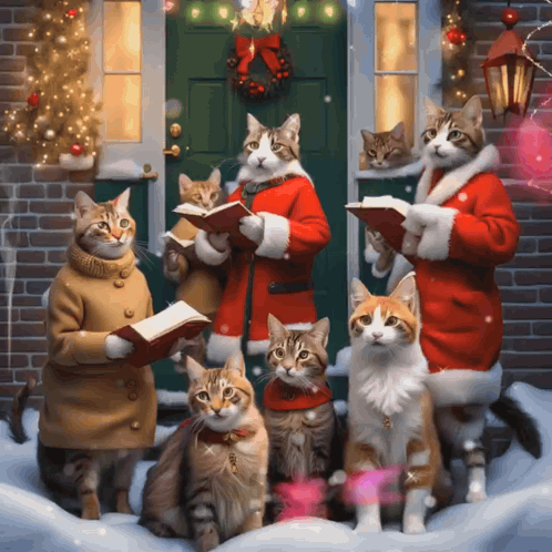Cats Dressed As Santas Singing Christmas Carols GIF