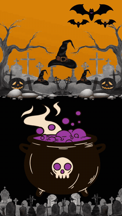 Cauldron With Skull In Cemetery With Witch Hats And Bats GIF