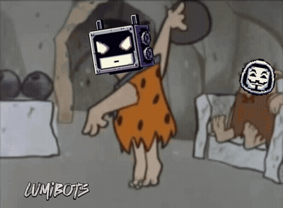 Caveman With Robot On Head Saying Lumibotes GIF