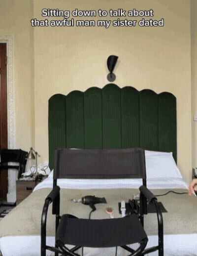 Chair In Front Of Bed Sitting Down To Talk About That Awful Man My Sister Dated GIF