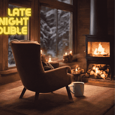 Chair In Front Of Fireplace With Late Night Double GIF