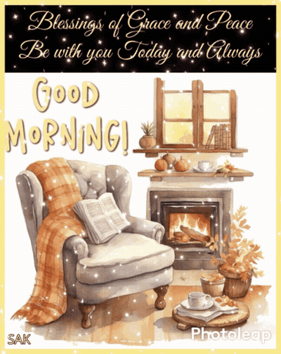 Chair Reading Book By Fireplace Saying Good Morning GIF