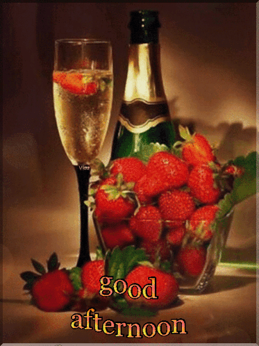 Champagne Bottle And Wine Glass With Strawberries GIF