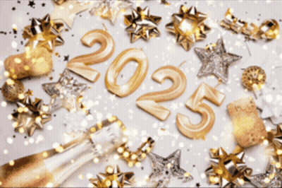 Champagne Bottle With Gold And Silver Decorations And 2025 Candles GIF