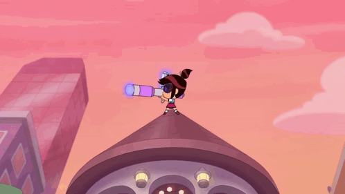 Character With Camera Standing Next To Purple Object GIF