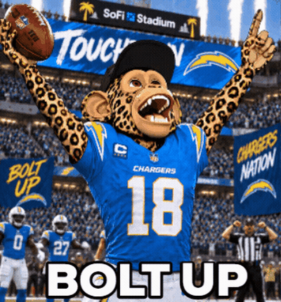 Chargers Mascot Holding Football In Front Of Crowd GIF