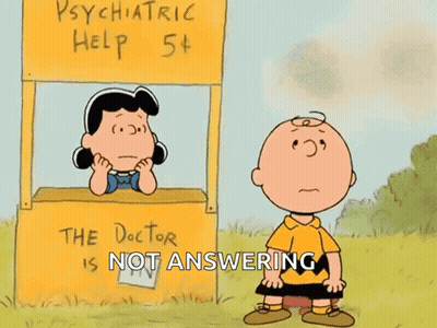 Charlie Brown And Lucy Brown Are Standing In Front Of A Psychiatric Help Stand GIF