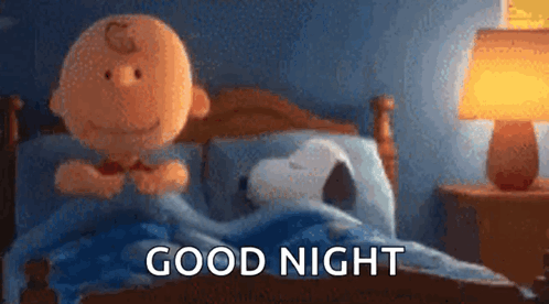 Charlie Brown And Snoopy Are Sleeping In A Bed With The Words `` Good Night '' Written On The Bottom . GIF