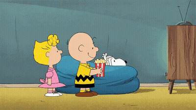 Charlie Brown And Snoopy Eating Popcorn Watching TV GIF