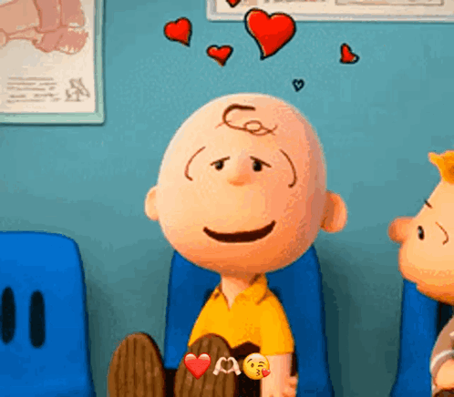 Charlie Brown From The Peanuts Movie Is Sitting In A Waiting Room Surrounded By Hearts GIF