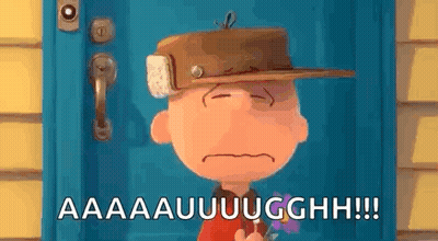 Charlie Brown Holding Flowers In Front Of Blue Door GIF