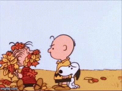 Charlie Brown Lucy And Snoopy Standing In Pile Of Leaves GIF
