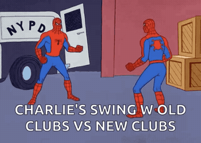 Charlie 'S Swing W Old Clubs Vs New Clubs Is Written On A Cartoon GIF