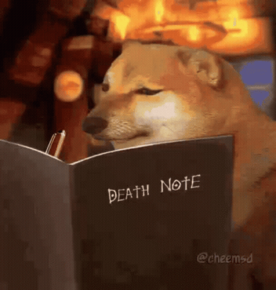 Cheems Dog Reading Death Note With Pen GIF
