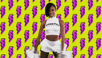Cheerleader In Front Of Yellow Background With Lightning Bolts GIF