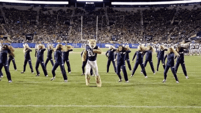 Cheerleaders Dancing With Mascot In Jersey Number 80 GIF