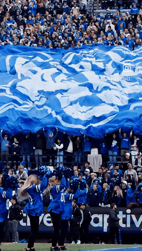 Cheerleaders Holding Up A Large Blue And White Banner That Says Ravens On It GIF