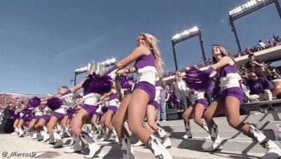 Cheerleaders In Purple And White Uniforms Are Dancing In A Line GIF