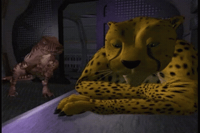 Cheetah Laying Down With Dinosaur Behind GIF