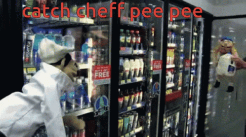 Chef Costume Man In Front Of Fridge Saying Catch Chef Pee Pee GIF