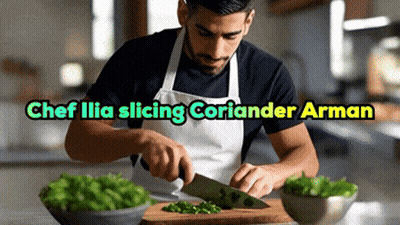 Chef Ilia Slices Coriander On A Cutting Board With A Knife GIF