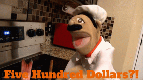 Chef Puppet In Front Of Samsung Oven GIF
