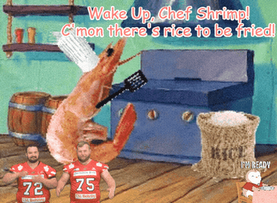 Chef Shrimp Holding Spatula With Two Men In Red Jerseys 75 GIF