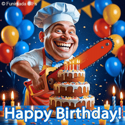 Chef With Chainsaw Cutting Birthday Cake GIF