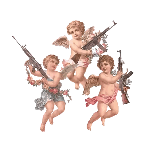 Cherubs Holding Guns With K Sticker