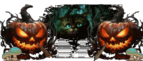 Cheshire Cat Behind Pumpkins And Mushroom Sticker